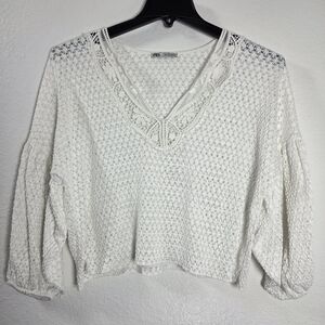 ZARA White Lace Knit Boho V Neck 3/4 Sleeve Top Small